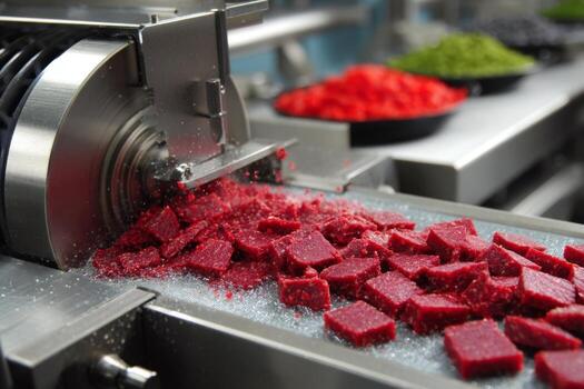 A machine cutting up red meat photo