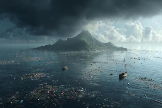 A boat is floating in the ocean with garbage and debris photo