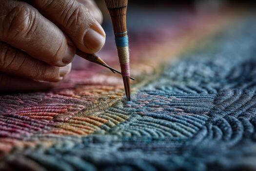 A person is using a paint brush to paint on a quilt photo
