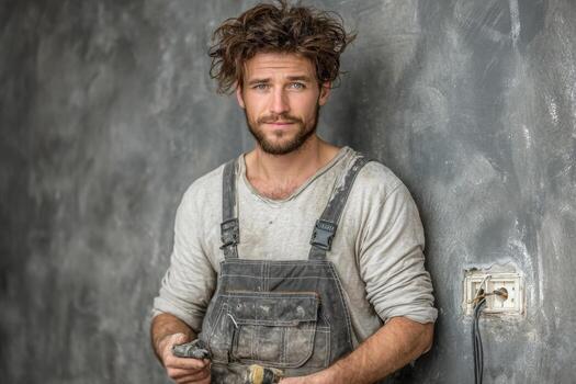 A man in overalls holding a hammer and a screwdriver photo