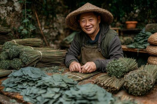 A man in a hat and straw hat sitting at a table with plants photo