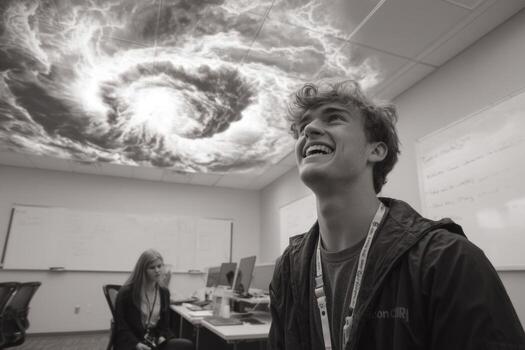 A man smiles while looking at a cloud in the sky photo