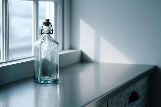 A glass bottle sitting on a counter near a window photo