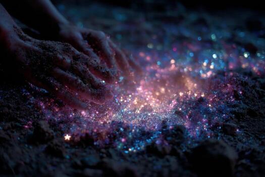 A person's hands are touching a pile of glitter photo