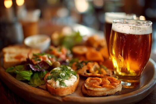 A tray with bread, cheese and beer on a table photo