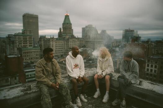 Four people sitting on a ledge with a city in the background photo