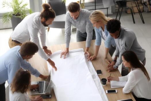 A group of people around a table with a blueprint photo