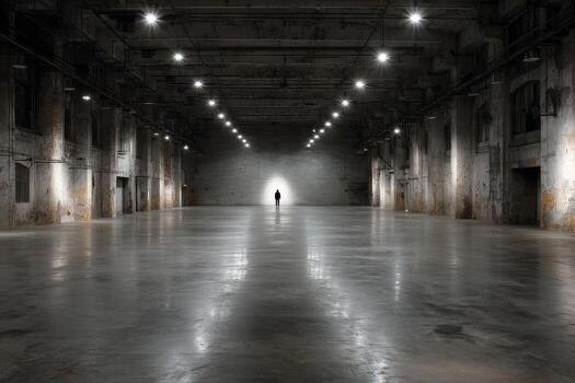 An empty warehouse with a light shining through the ceiling photo