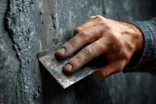 A man is using a trowel to paint a wall photo