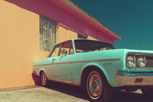 An old car parked in front of a pink building photo