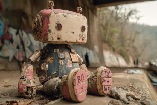 A rusty robot sitting on the ground near graffiti photo