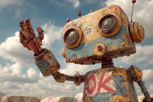 A robot with graffiti on it is standing in the desert photo