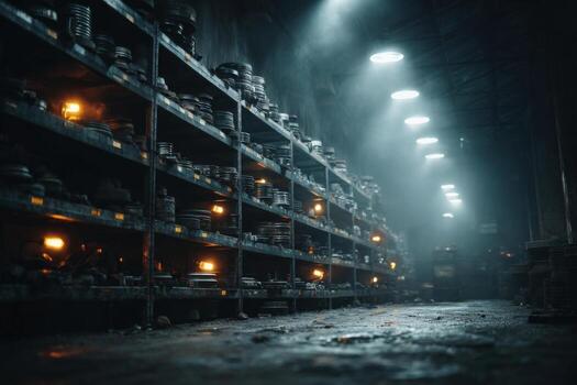 An empty warehouse with lights on the shelves photo