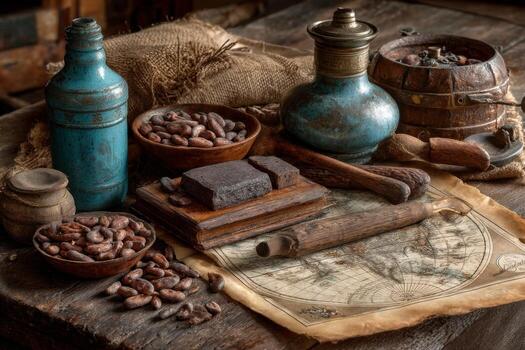 Still life with cocoa beans, a bottle, and a map photo