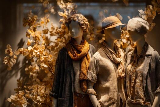 Mannequins in a window display with autumn leaves photo