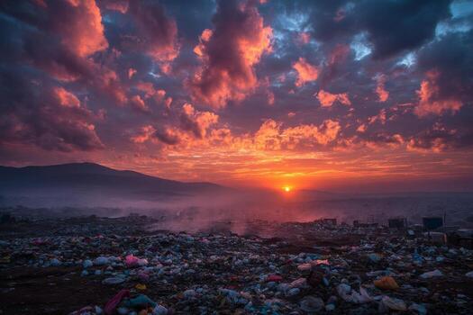 A sunset over a garbage dump with trash and clouds photo