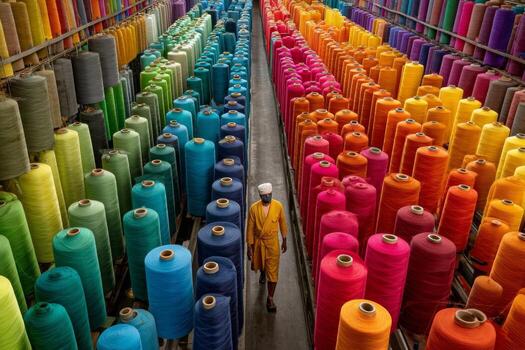 A man walks through a factory filled with spools of colorful yarn photo