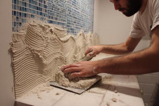 A man is using a tile cutter to make a wall photo