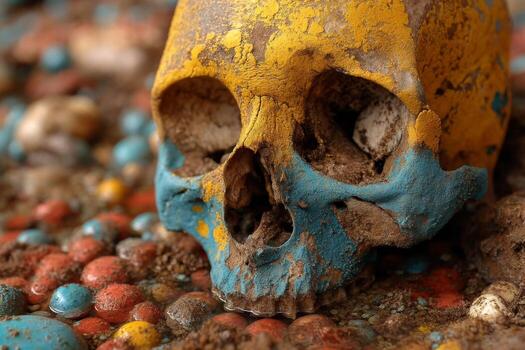 A skull with colorful paint on it is sitting on a pile of rocks photo