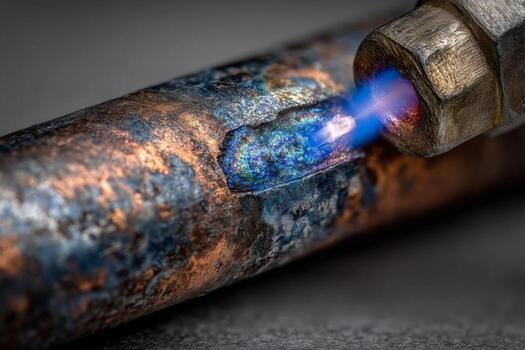 A close up of a pipe with blue flame photo