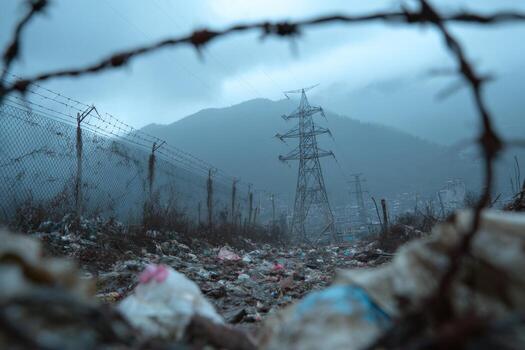 A view of a garbage dump with barbed wire in the foreground photo