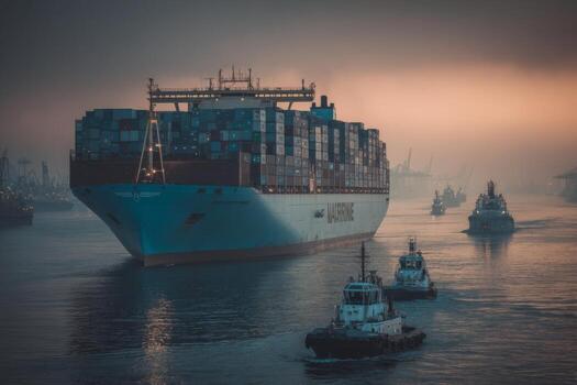 A large container ship in the water with tug boats photo