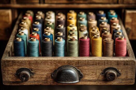 A drawer full of spools of thread photo
