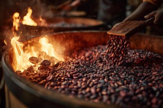 A person is pouring cocoa beans into a large barrel photo