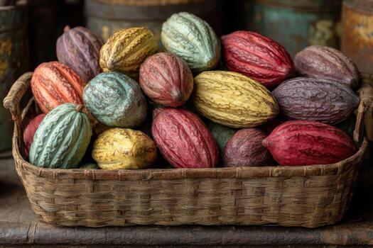 A basket filled with colorful cocoa beans photo