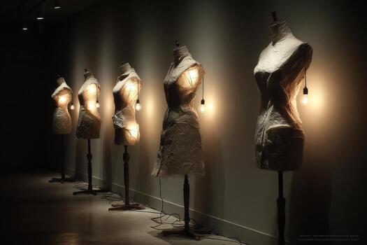 A row of mannequins in a dark room with lights photo
