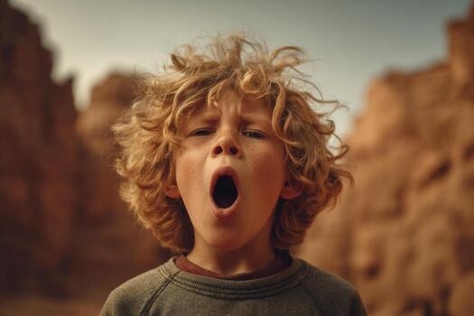 A young boy with his mouth open in front of a desert photo