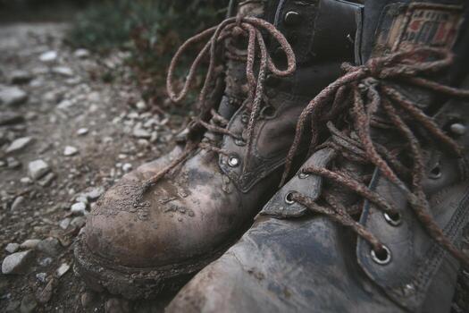 A pair of dirty boots on the ground photo