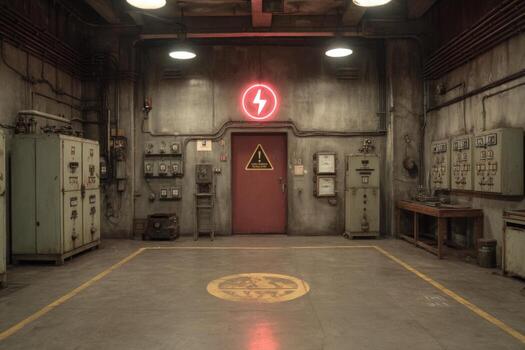 A room with a red light and a door photo