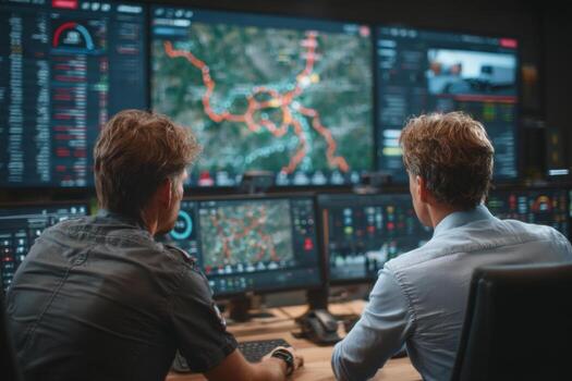 Two men looking at a computer screen with a map on it photo