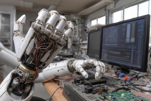 A robot arm with a computer in front of it photo