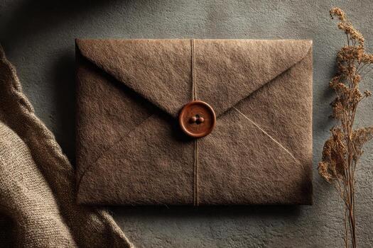 An envelope with a brown button on top of it photo