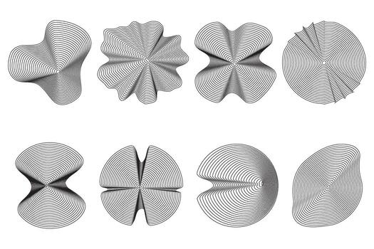 Topography abstract shapes with organic wavy line pattern. Tree ring circular annual circles. Ripple geometric sound graphic. Simple dynamic contour illustrations on white background vector