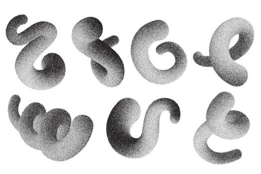 Abstract line shapes on white background. 3D wavy elements with noisy fluid effect. Grainy spirals with gradient stipple sand texture. Trendy twisted dynamic grunge objects. vector
