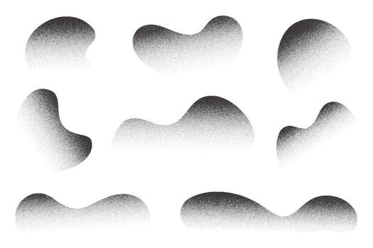 Abstract wavy shapes with grainy dotted shadow. Stipple fluid blobs with sandy gradient. Grunge halftone liquid elements on white background. vector
