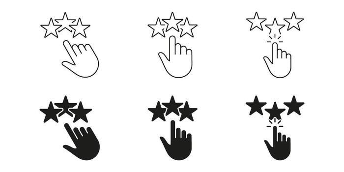 Hand Clicking Star Rating Line And Solid Icon Set. User Feedback And Review Selection Symbol Collection. Customer Satisfaction And Quality Assessment. Isolated Illustration vector
