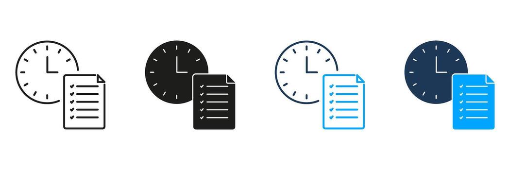 reloj y Lista de Verificación línea y sólido icono colocar. hora gestión, tarea Planificación, y productividad planificación símbolo recopilación. eficiente flujo de trabajo y organización. aislado ilustración vector