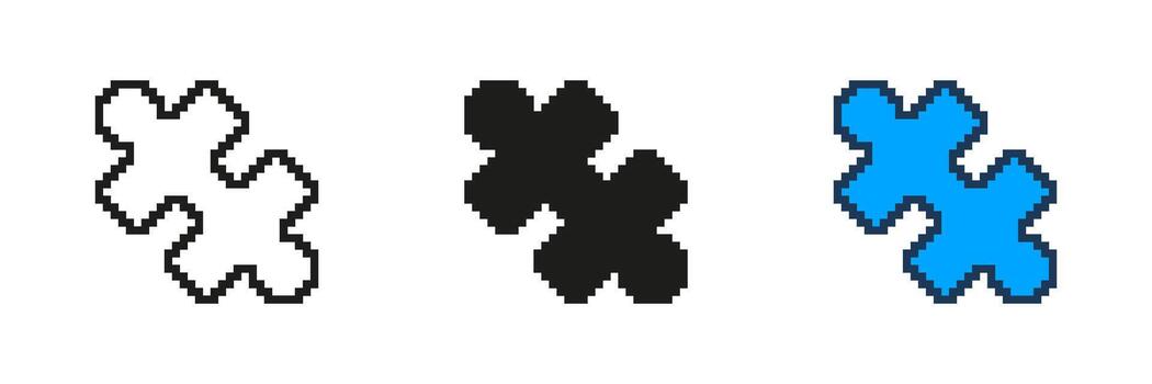 pixelado rompecabezas piezas icono colocar. rompecabezas símbolo para problema resolviendo y colaboración en píxel Arte estilo. conexión, integración, y trabajo en equipo. aislado ilustración vector