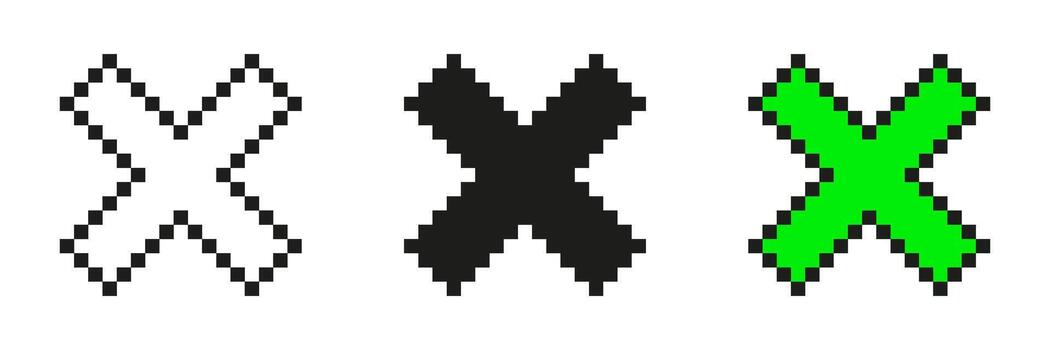 Pixel Art X Icons Set. Retro Style Cross Symbols Collection. White, Black, And Green Variations For Error, Close, Or Cancel Functions. Isolated Illustration vector