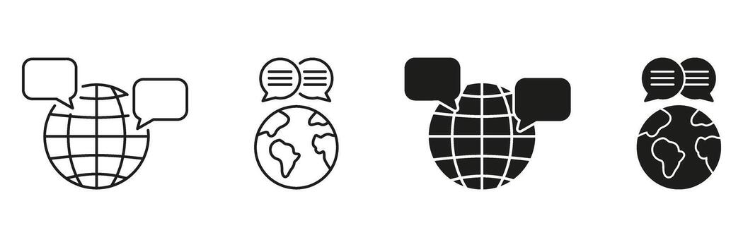 Globe With Speech Bubbles Line And Solid Icon Set. Global Communication, International Dialogue, And Worldwide Networking Symbol Collection. Language Exchange. Isolated Illustration vector