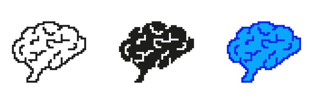 Pixelated Brain Icon Set. Digital Symbol of Human Mind in Pixel Art Style. Cognitive and Neural Design. Intelligence and Thought Process. Isolated Illustration vector
