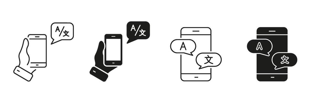 Smartphone Language Translation Line And Solid Icon Set. Mobile App For Multilingual Communication And Text Conversion Symbol Collection. Digital Language Assistance. Isolated Illustration vector