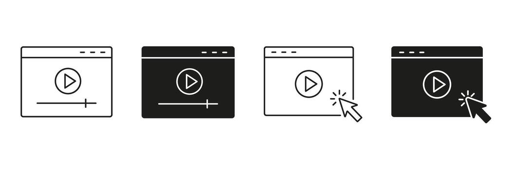 jugador interfaz con cursor hacer clic línea y sólido icono colocar. en línea medios de comunicación reproducción y usuario Interacción símbolo recopilación. digital transmisión y multimedia control. aislado ilustración vector
