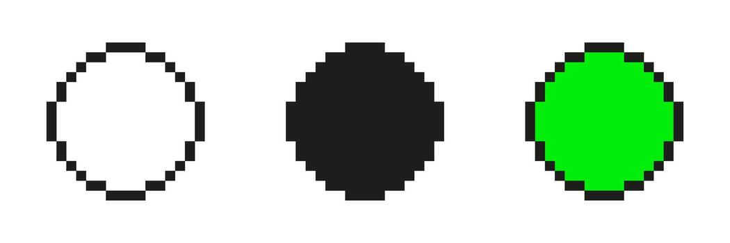 Three Pixel Art Circles Icon Set. Minimalist Design With White, Black, And Green Circles. Retro Style Graphics For Digital Art Projects. Isolated Illustration vector