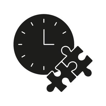 Clock With Puzzle Pieces Solid Icon. Time Management, Problem Solving, And Strategic Planning Silhouette Symbol. Efficiency And Organization. Isolated Illustration vector