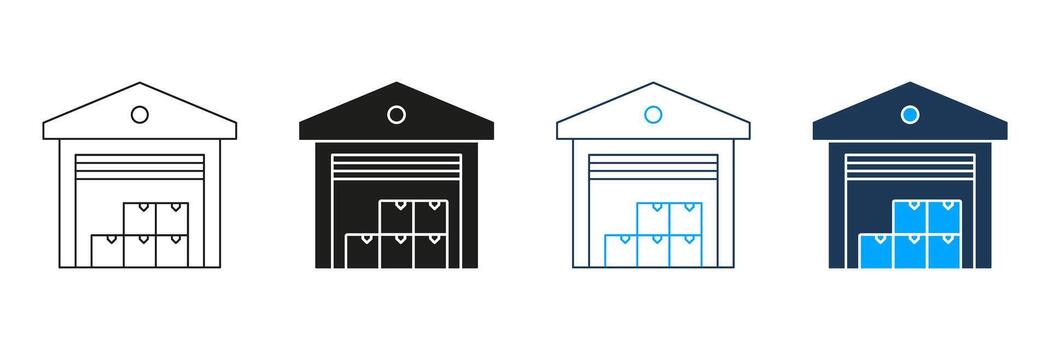 Warehouse Storage Facility Line And Solid Icon Set. Inventory Management And Logistics Symbol Collection. Efficient Supply Chain And Distribution Center Representation. Isolated Illustration vector